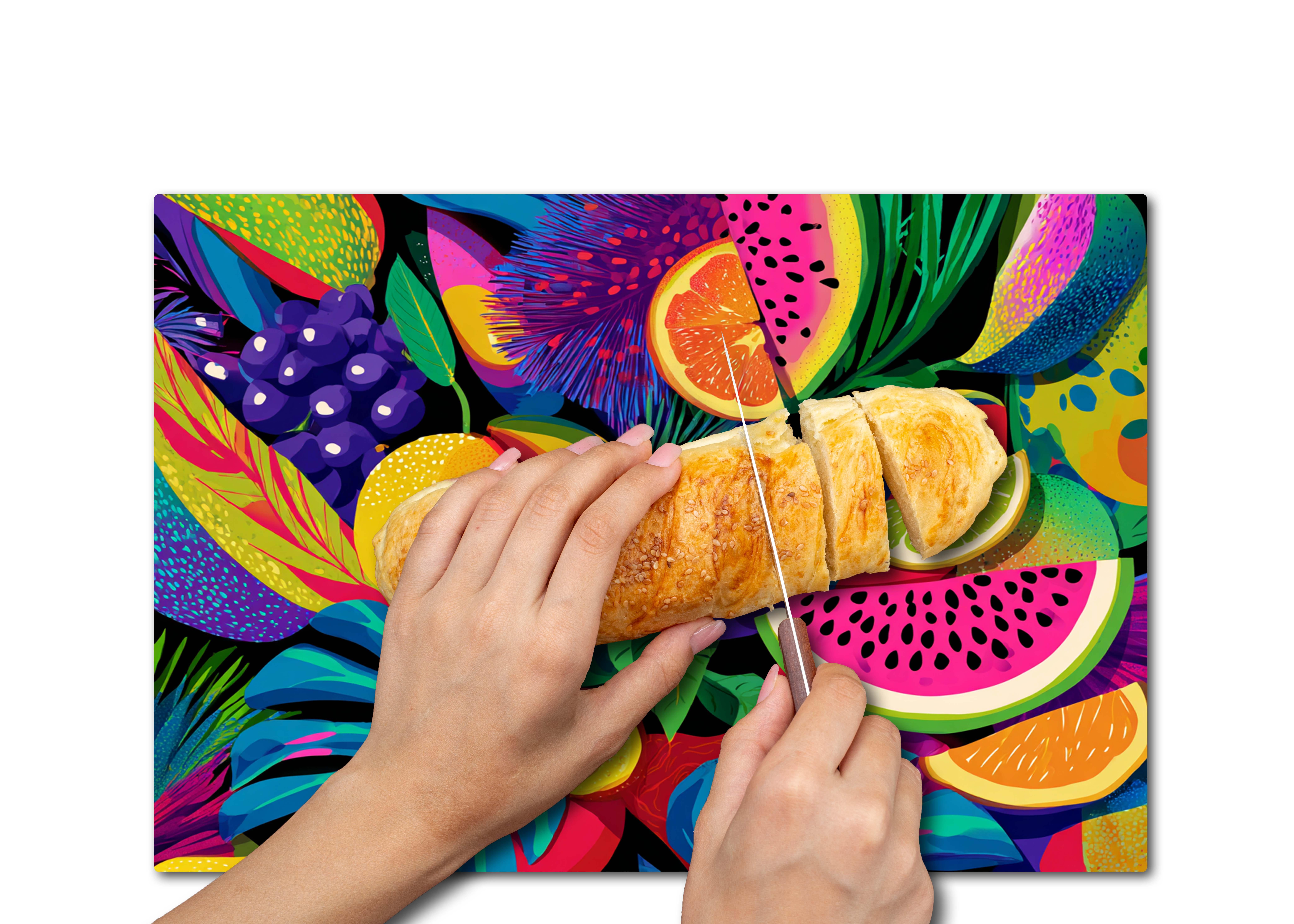 Renkli Tropikal Meyve Desenli Temperli Cam Kesme Tahtası 20x30 cm | Hijyenik ve Modern Mutfak Aksesuarı
