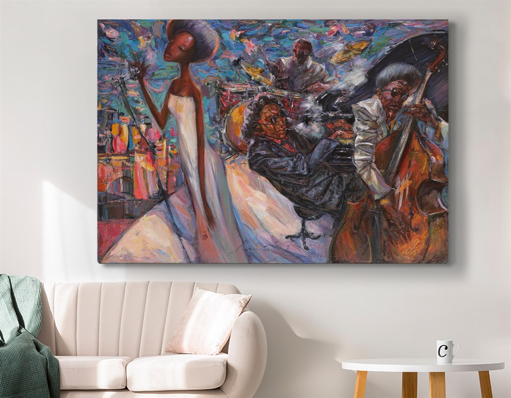 Sanatsal Jazz Muzisyenler Yağlı Boya Efektli Abstract Kanvas Tablo  