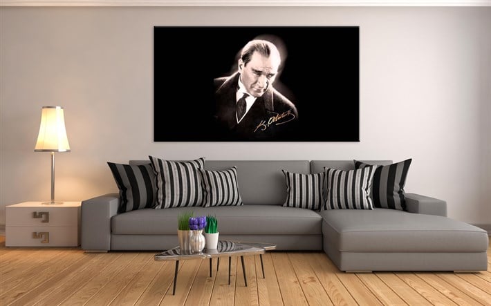 Siyah Beyaz Atatürk İmzalı Kanvas Tablosu