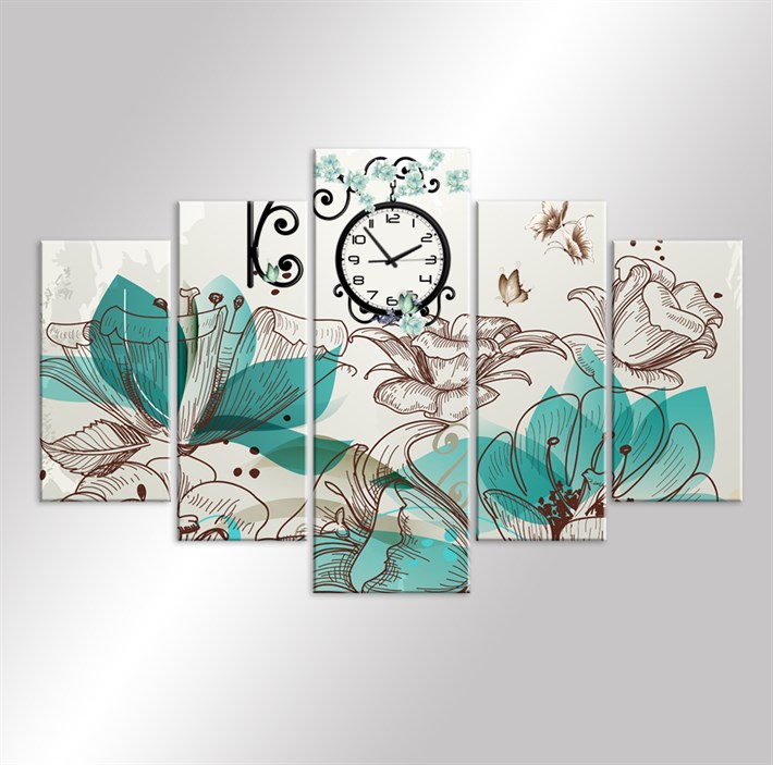 Su Yeşili Saatli Çiçekli Kanvas Tablo
