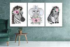 Çocuk Odası İçin Dekoratif Zebra ve Fil Resimli Kanvas Tablo