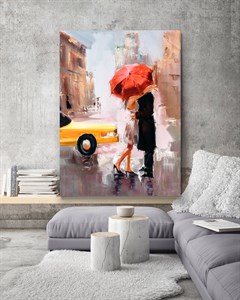 Kırmızı Şemsiye Altında Romantik Çiftler Sevgililer Sarı Arabalı Kanvas Tablo