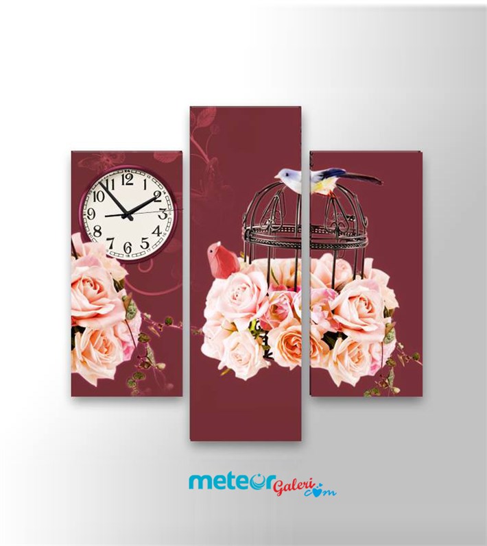 Bordo Renkli Kafeste Kuşlar Saatli Kanvas Tablo