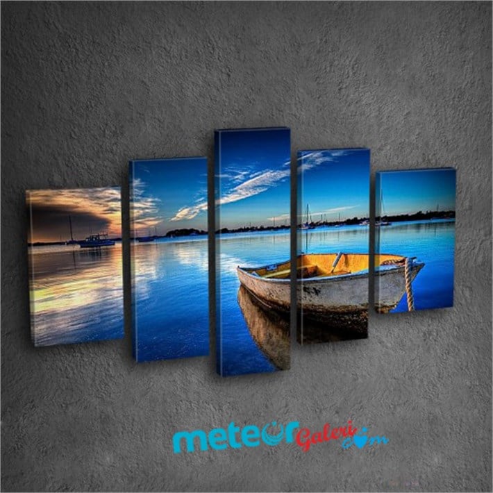 Denizde Sandal ve Gün Batımı 5 Parça Kanvas Tablo
