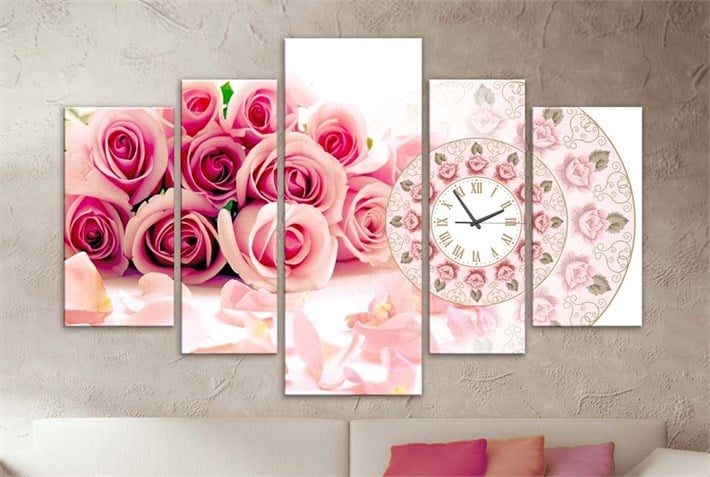 Pembe Güller Vintage Saatli 5 Parça Kanvas Tablo