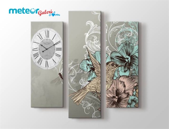 Açık Turkuaz Çiçek Üzeri Kuş 3 Parça Kanvas Tablo