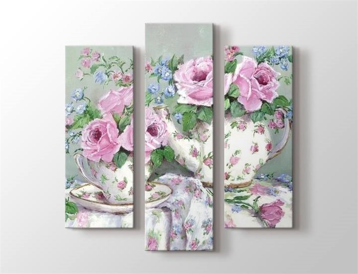 vintage pembe renk çaydanlık ve fincan içinde pembe güllü 3 parça kanvas tablo