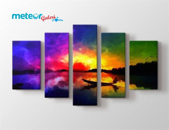 Gökkuşağı Renklerinde Gün Batımı Sandal 5 Parça Kanvas Tablo