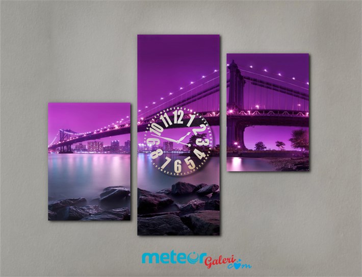 Doğal Mor Gökyüzü Köprü ve Deniz Temalı Saatli Kanvas Tablo