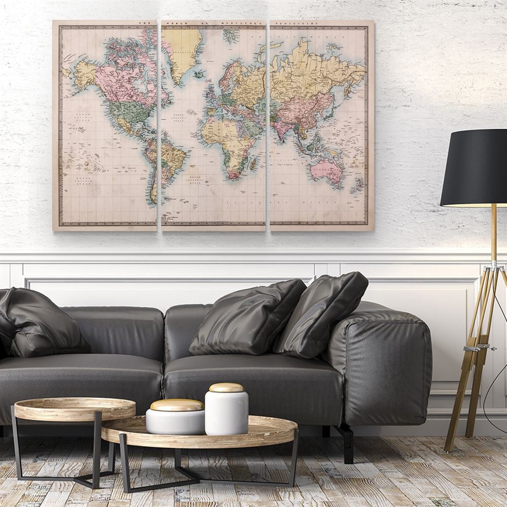 3 Parçalı Dünya Haritası Kanvas Tablosu 