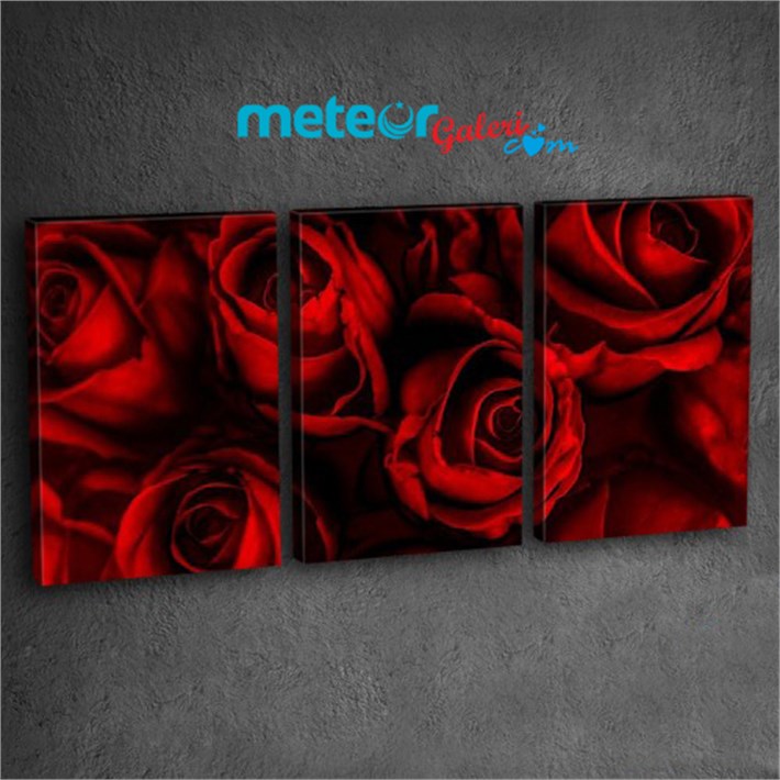 Romantik 3 Parçalı Kırmızı Güller Kanvas Tablo