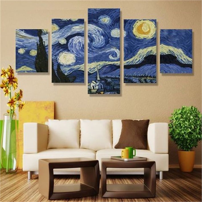 Van Gogh Yıldızlı Geceler 5 Parça Kanvas Tablo