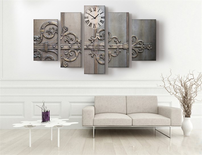 Metalik Dekoratif Saatli Kanvas Tablo