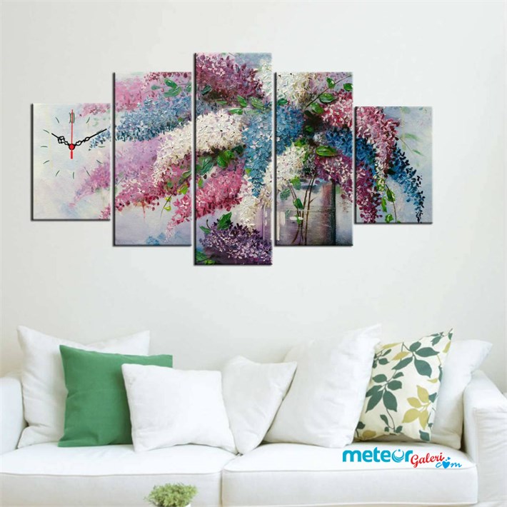 Mavi Pembe Beyaz Sümbüllerle 5 Parça Kanvas Tablo