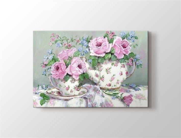 vintage pembe renk çaydanlık ve fincan içinde pembe güllü kanvas tablo