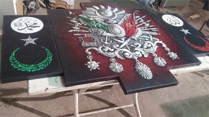 Osmanlı Devlet Arması ve Ay Yıldız 5 Parça Kanvas Tablo