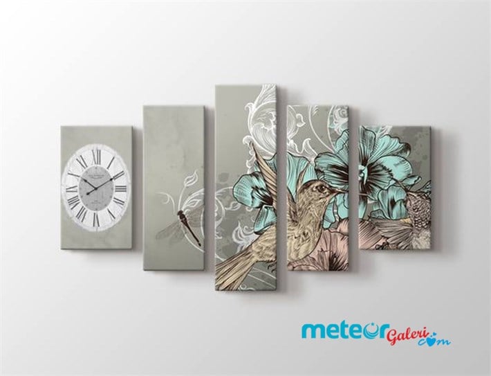 Açık Turkuaz Çiçek Üzeri Kuş 5 Parça Kanvas Tablo