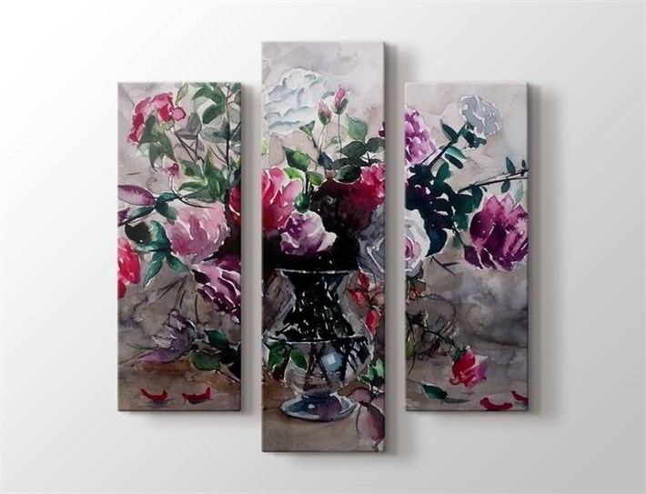 Boyama Vazoda renkli güller 3 Parça Kanvas Tablo