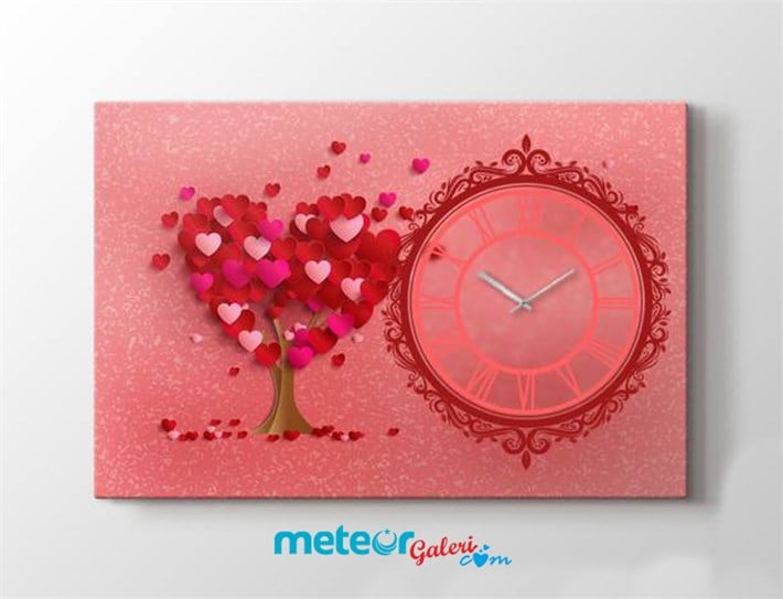 Ağaçta Kalpli Yapraklar Saatli Tek Parça Kanvas Tablo