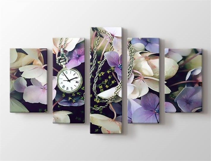 Mor çiçek ve köstekli saat nostaljik 5 parça kanvas tablo