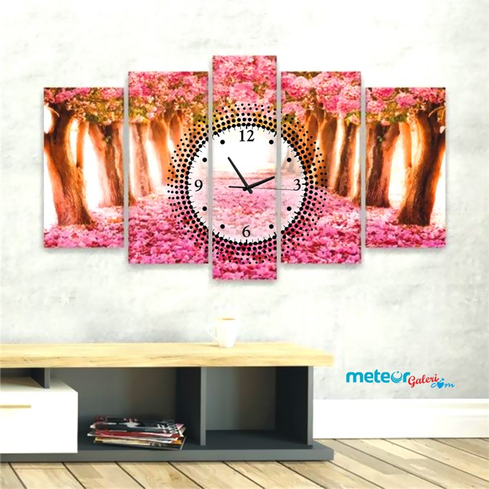Pembe Orman Çiçekli Saatli Kanvas Tablo