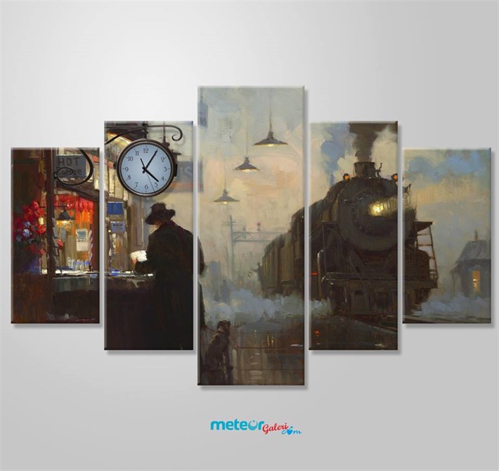 Gazete Okuyan Adam ve Gece Treni Saatli Kanvas Tablo