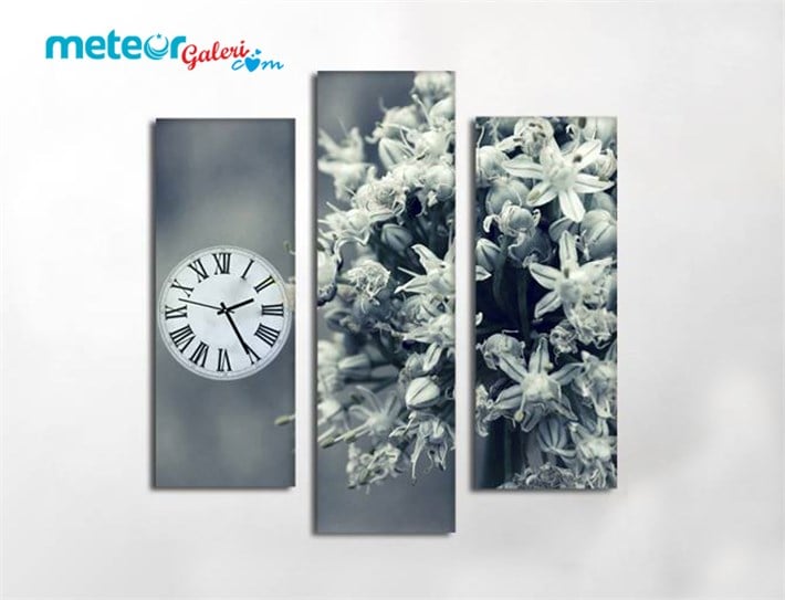 Kurşuni Tomurcuklu Çiçek 3 Parça Kanvas Tablo