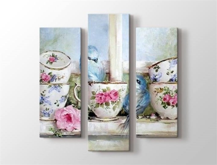vintage iki mavi serçe güllü 3 parça kanvas tablo 
