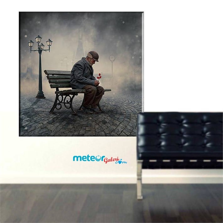 Sokaktaki Bankta Çiçekle Bekleyen Kanvas Tablo