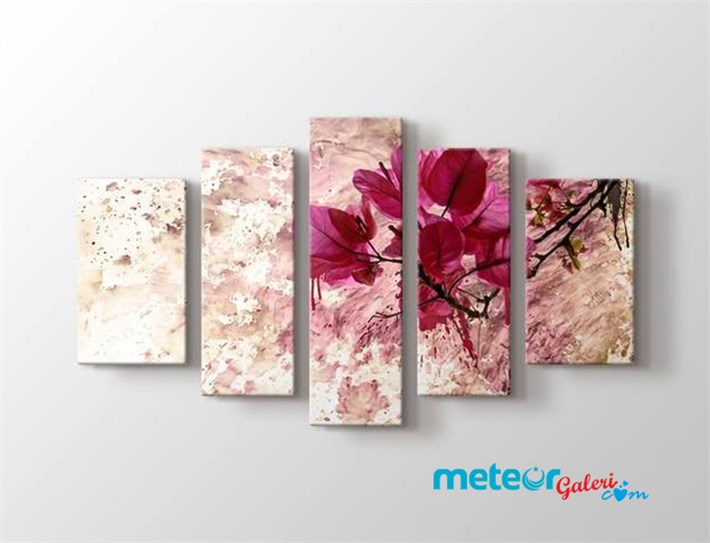 Pembe Yapraklı Sanatsal 5 Parça Kanvas Tablo