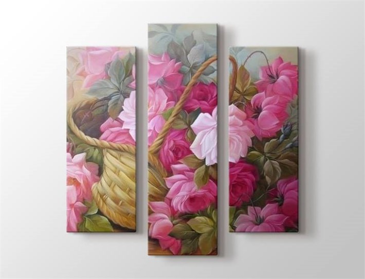 Vintage Sepet içinde Pembe Gül Dolu 3 Parça Kanvas Tablo