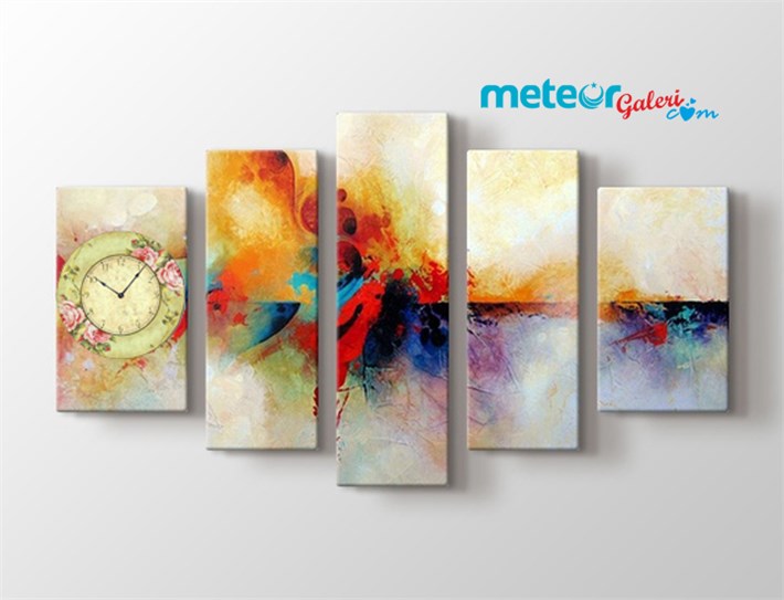 Rengarenk Soyut Saatli 5 Parça Kanvas Tablo
