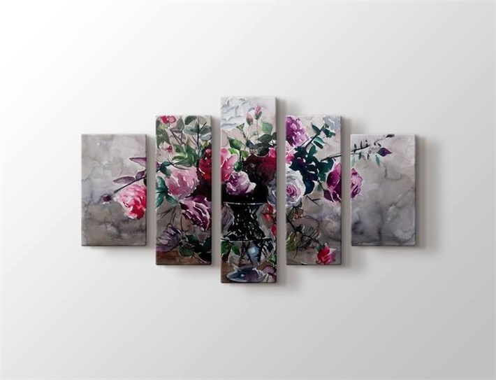 Boyama Vazoda Renkli Güller 5 Parça Kanvas Tablo