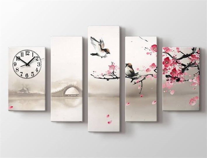 Dekoratif manzara 5 parça saatli kanvas tablo
