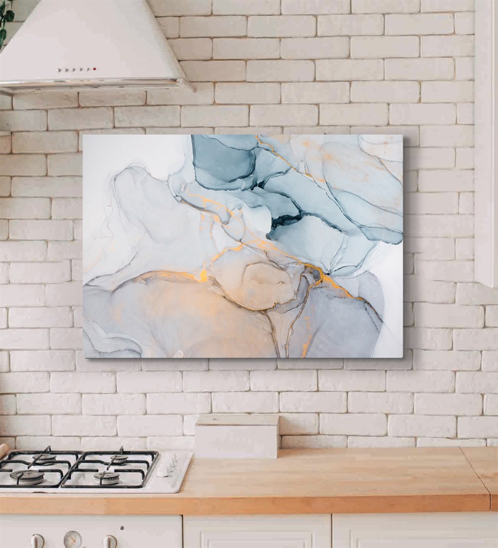 Açık Mavi Sarı ve Gri Renkli Abstract Mermer Desenli Dekoratif Kanvas Tablo