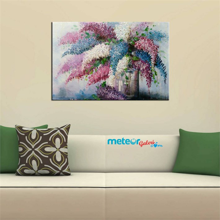 Mavi Pembe Beyaz Sümbüllerle Kanvas Tablo