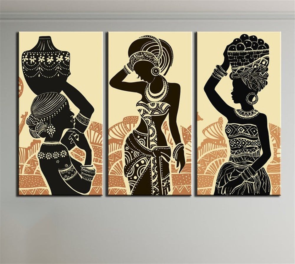 Afrikalı Kadın Tablosu 3 Parçalı Kanvas Tablo