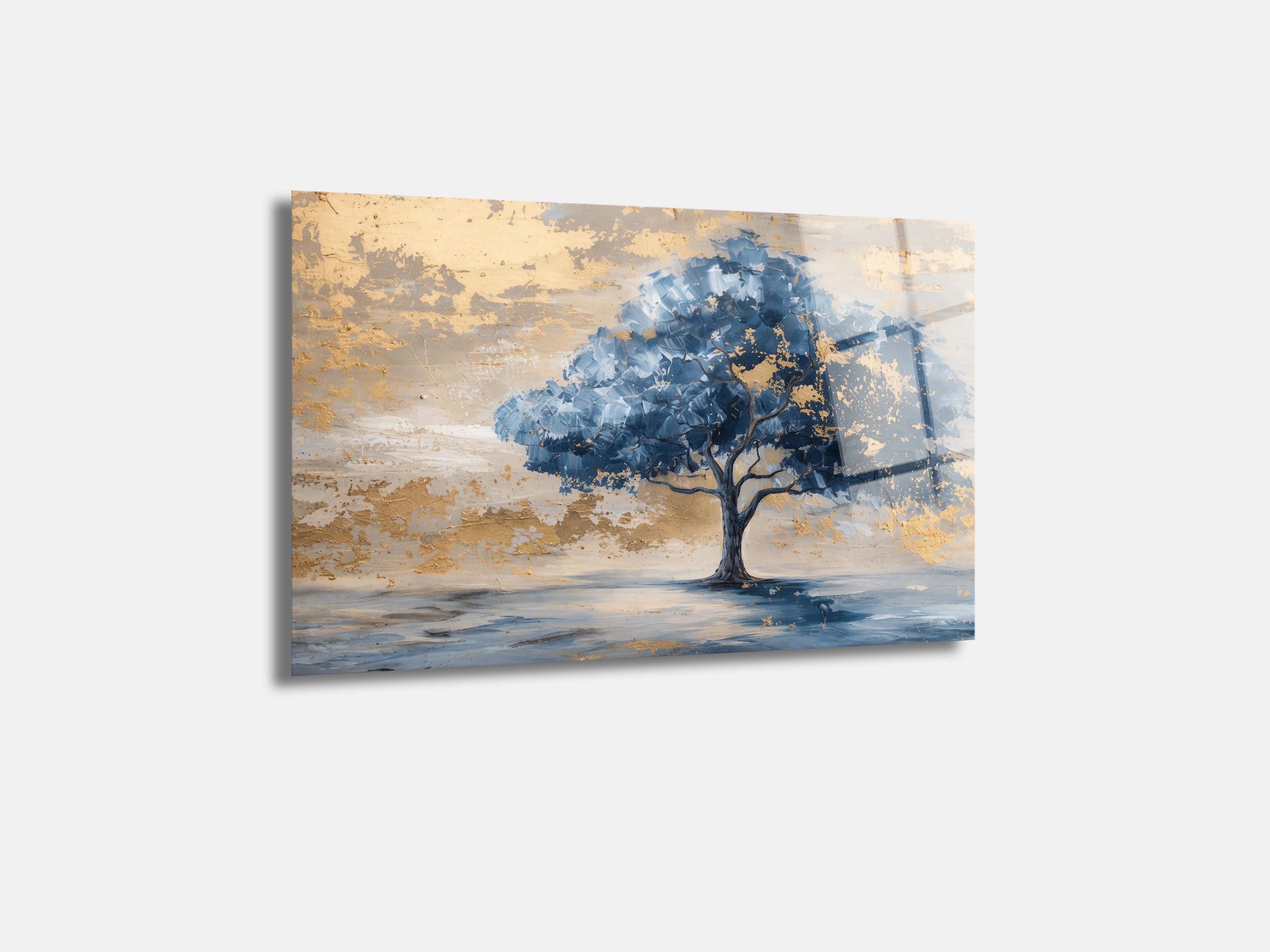 Altın Doku Görünümlü Mavi Ağaç Temperli Cam Tablo | Modern ve Lüks Cam Duvar Sanatı