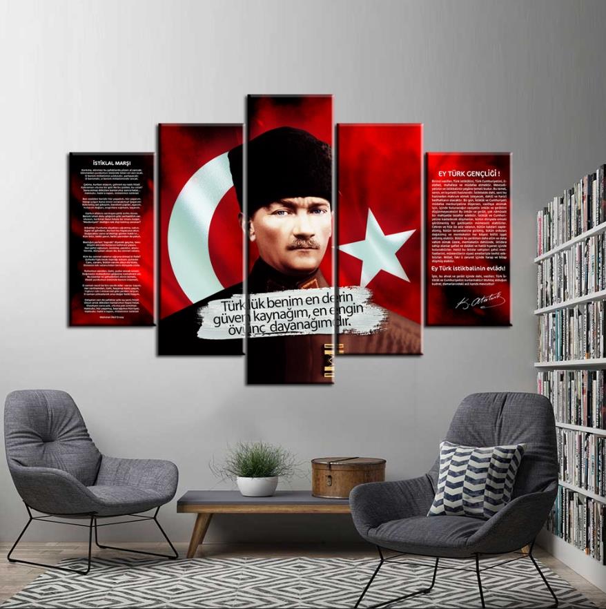 Atatürk, Kalpaklı Atatürk Resmi, İstiklal Marşı ve Gençliğe Hitabe 5 Parçalı Kanvas Tablo