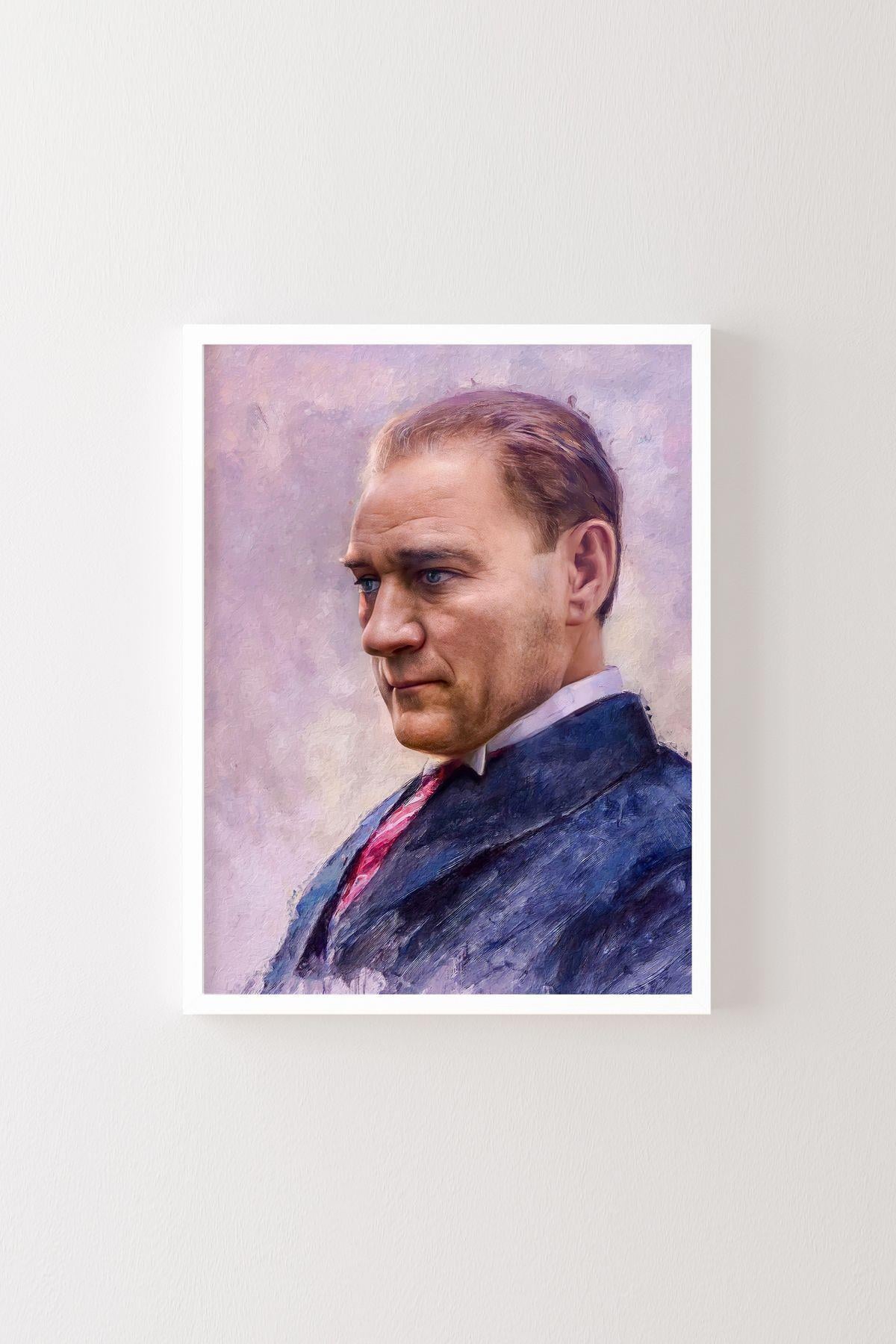 Atatürk Portresi Mustafa Kemal Yağlıboya Dokulu Efekt Lacivert Takım Kırmızı Kravat Ofis Dekor Çerçeveli Tablo – Naturel Çerçeve