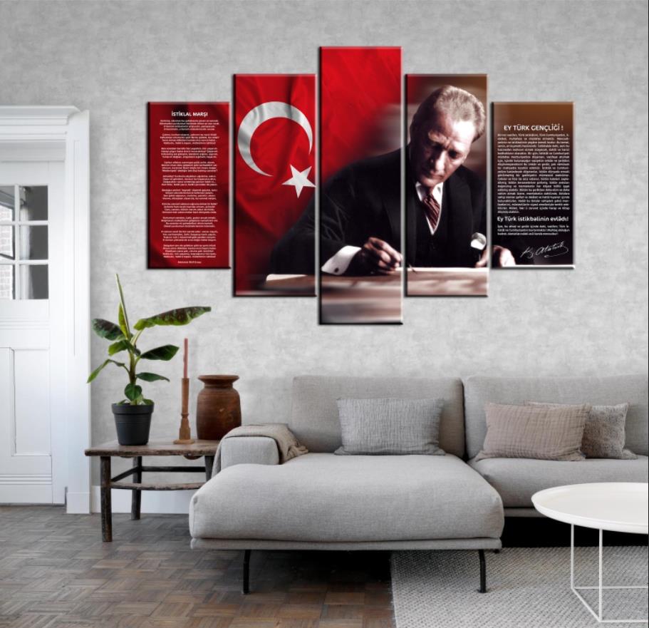 Atatürk, Türk Bayrağı, İstiklal Marşı ve Gençliğe Hitabe 5 Parçalı Kanvas Tablo