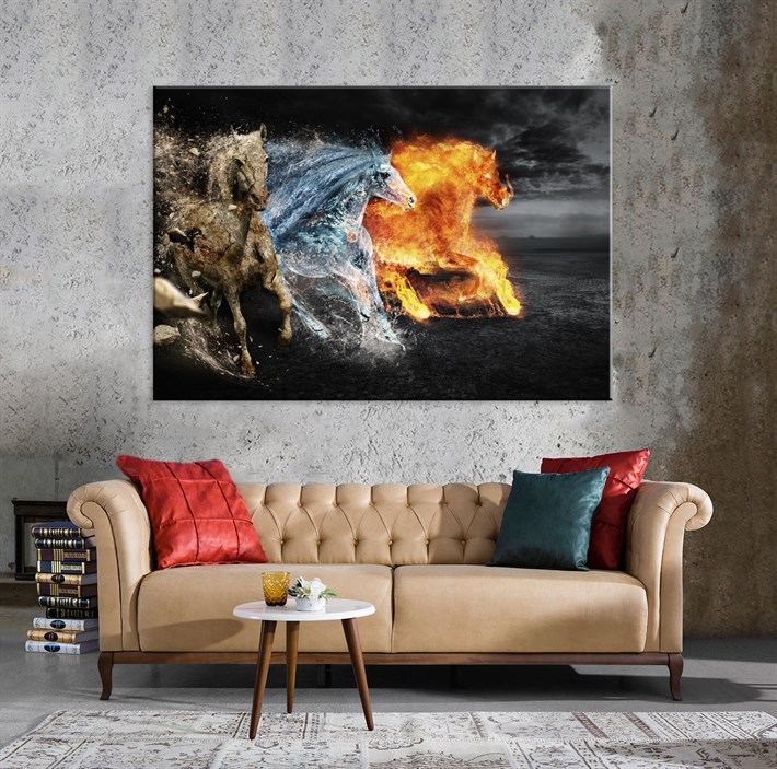 Ateş Su ve Toprak Temalı 3 Atlı Kanvas Tablo
