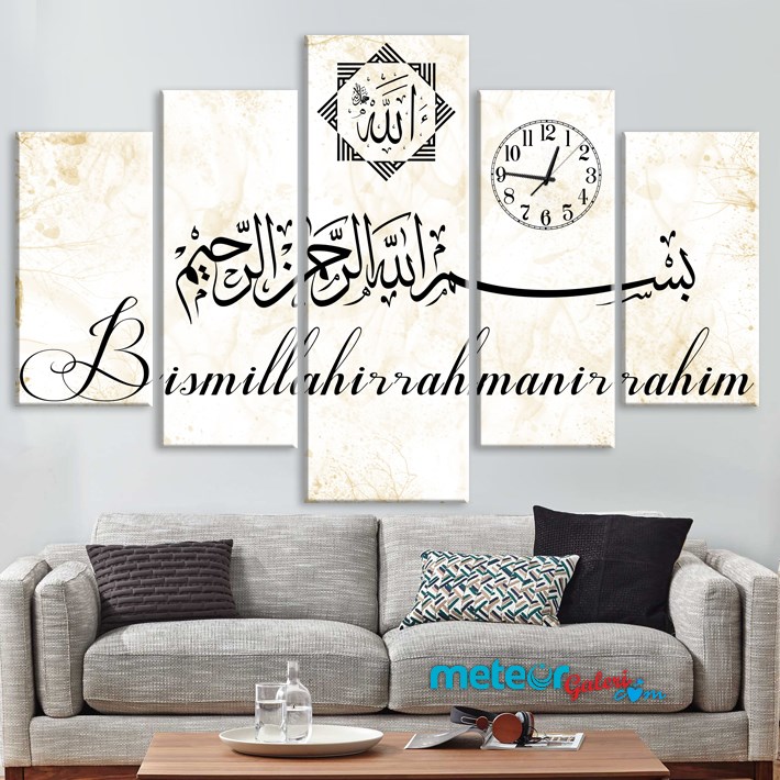 Besmele Yazılı Saatli 5 Parça Kanvas Tablo