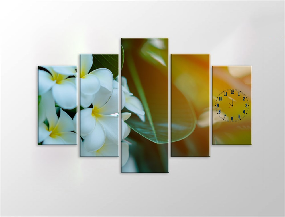 Beyaz çiçek  5 Parçalı Tablo Saatli