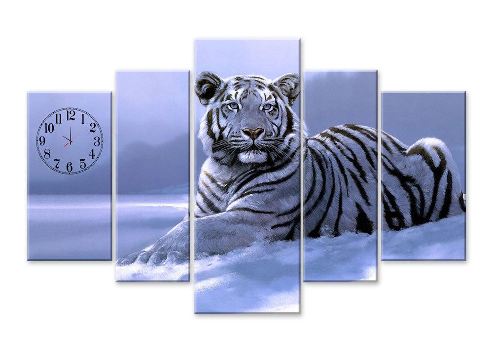Beyaz Kaplan Hayvan Temalı Saatli 5 Parça Kanvas Tablo