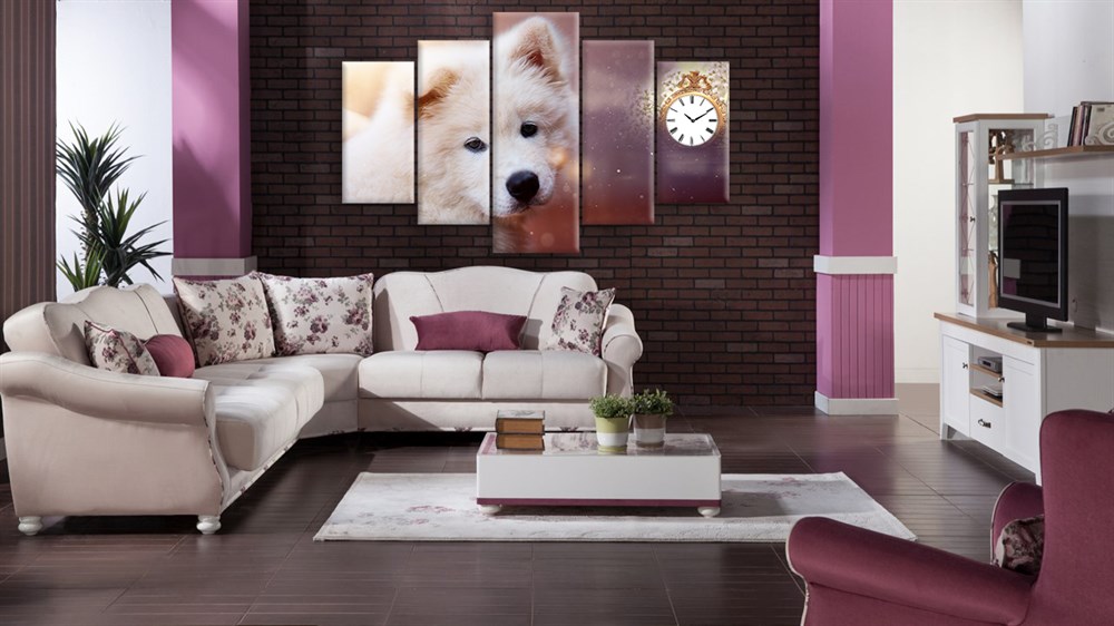Beyaz Köpek Saatli Dekoratif Kanvas Tablo
