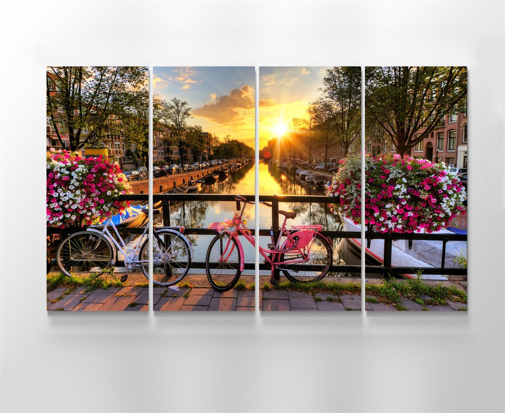 Bisiklet ve Çiçekli Manzara Amsterdam Resimli Kanvas Tablo 4 Parçalı