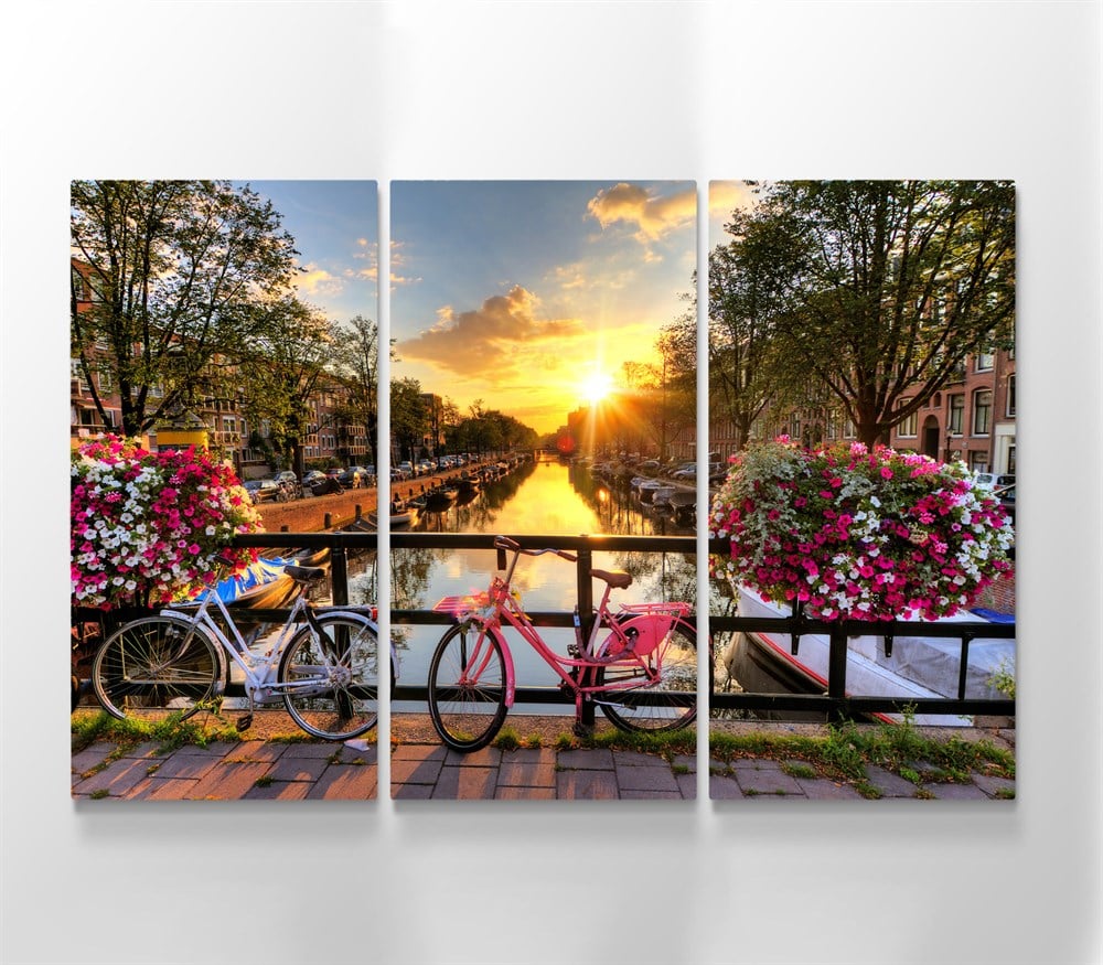 Bisiklet ve Çiçekli Manzara Amsterdam Resimli Kanvas Tablo 3 Parçalı 