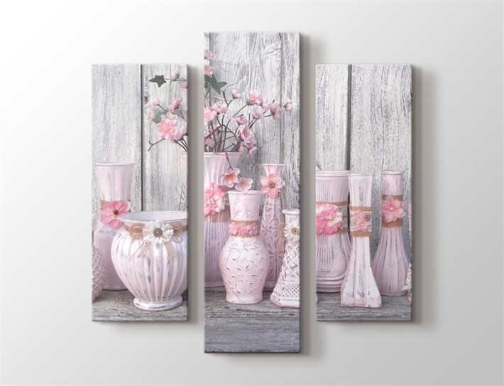 Pembe Vazolarda Dekoratif Çiçekler 3 Parça Kanvas Tablo