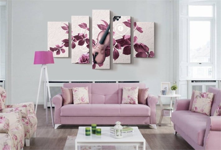 Lila Gül Yapraklı ve Keman 5 Parçalı Kanvas Tablo